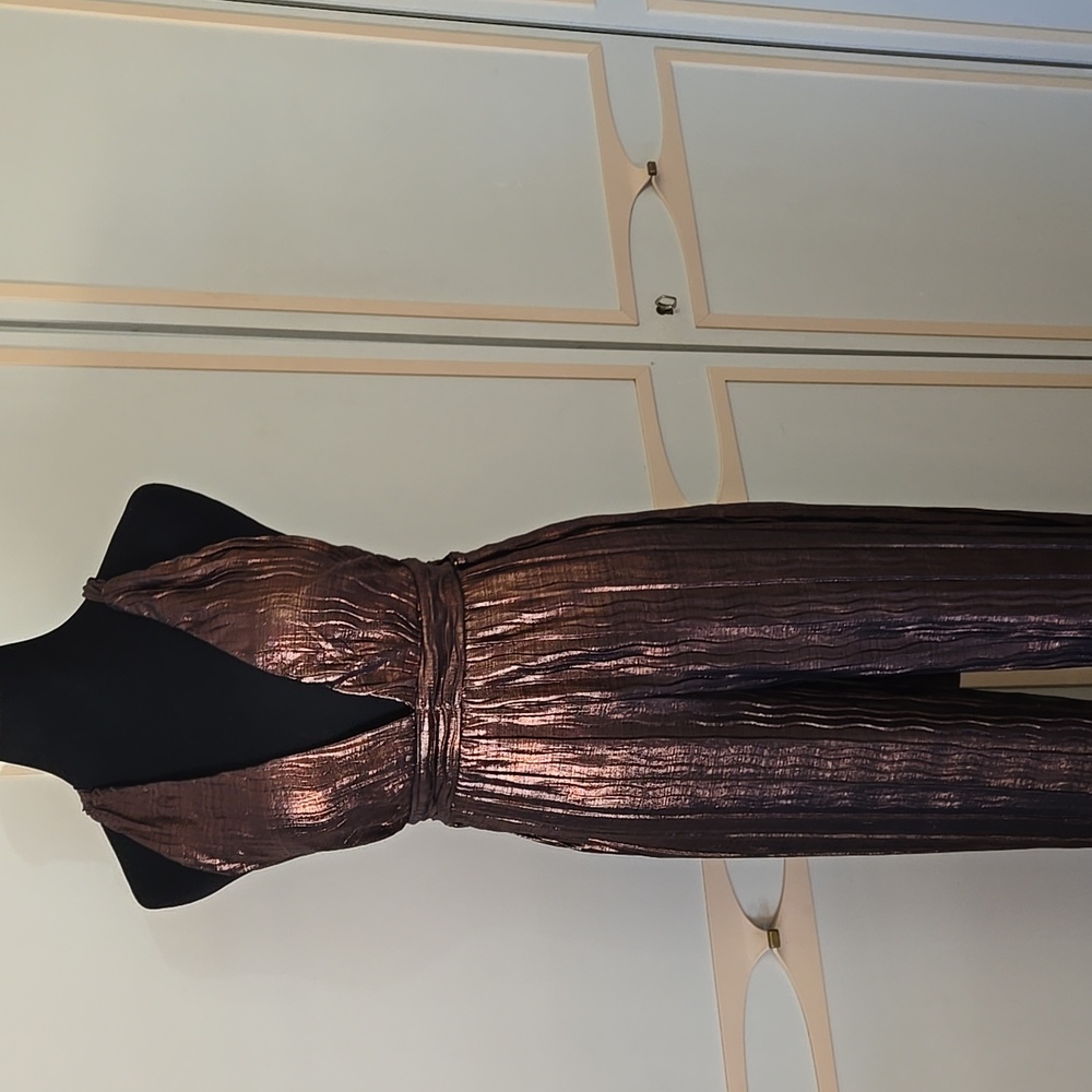 Bronze Pleated Jumpsuit by 12th Tribe~ Disco GLAM, Halter, Backless, Sz Large